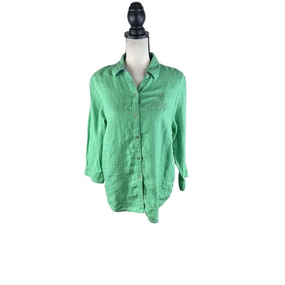 Lauren Ralph Lauren Linen Green Crested Long Sleeve Button Down Shirt Academia C - Picture 1 of 8